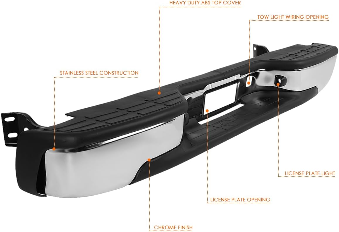 PM PERFORMOTOR Rear Step Bumper with License Plate Lights Compatible with 1999-2006 Chevy Silvero/GMC Sierra 1500 2500 Direct Replacement for GM1103124 GM1103122 12496085 - Image 4