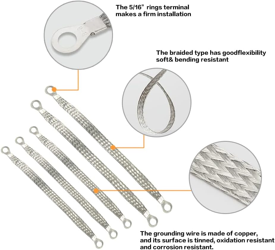 Universal Flat Braided Copper Ground Strap,Professional Vehicle Grounding Cable Straps with Terminals Plugs,Tinplate Silver Color Automotive Engine Copper Ground Strap for Most Cars - Image 5