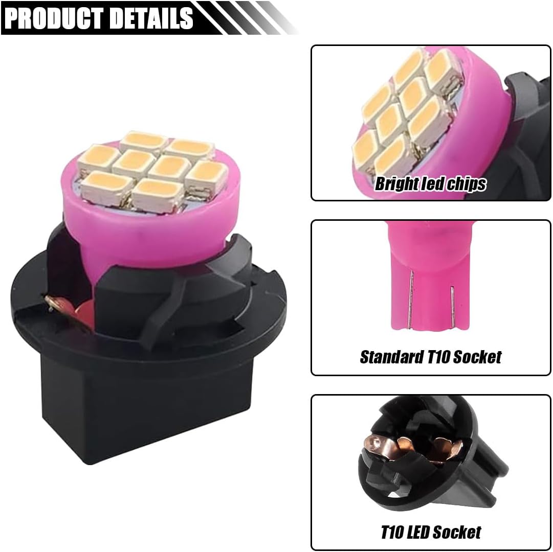 10PCS T10 194 168 Car Dash Instrument LED Light Bulbs with Twist Lock Socket, Bright Panel Gauge Cluster Dashboard Light Bulbs, Car Interior Replacement Bulbs for Map Dome Lights (Pink&Purple) - Image 3