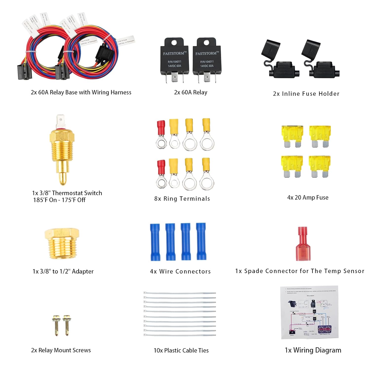 Dual Electric Fan Relay Kit Electric Riator Fan Kit Temperature Sensor Switch 185 On 175 Off Automotive Wiring Kit 60 Amp Cooling Fan Relay Switch Kit 4 Pin Waterproof Relay Kit - Image 6