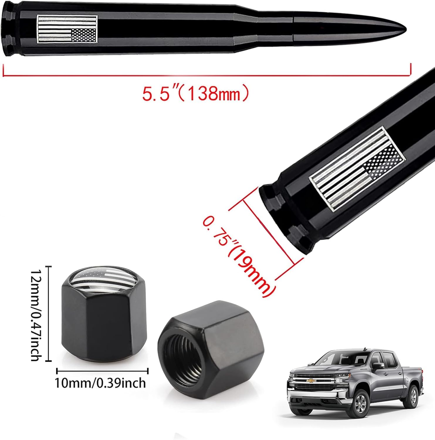 American Flag Car Truck Antenna with Valve Stem Caps, Universal Mast for GM Chevy Silvero 1500 2500 3500 HD Avalanche Ford F150 F250 F350 Denali Heavy Duty Pickup Trucks Accessories (Black) - Image 6