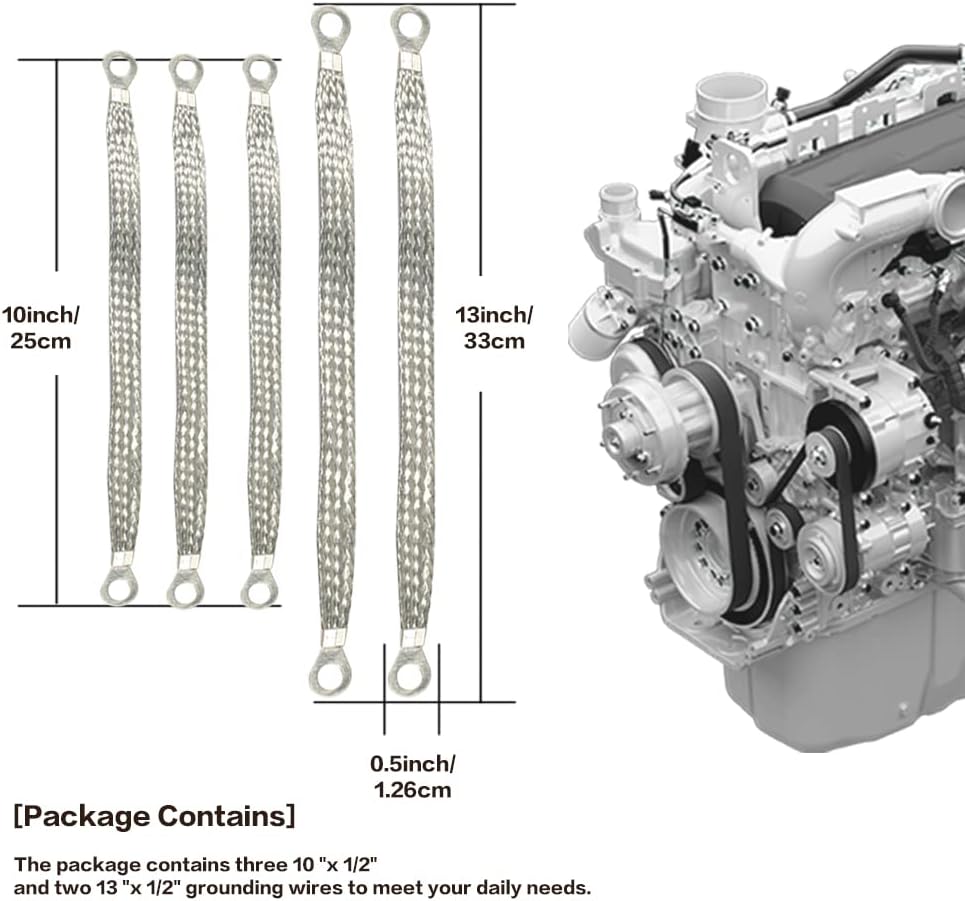 Universal Flat Braided Copper Ground Strap,Professional Vehicle Grounding Cable Straps with Terminals Plugs,Tinplate Silver Color Automotive Engine Copper Ground Strap for Most Cars - Image 2