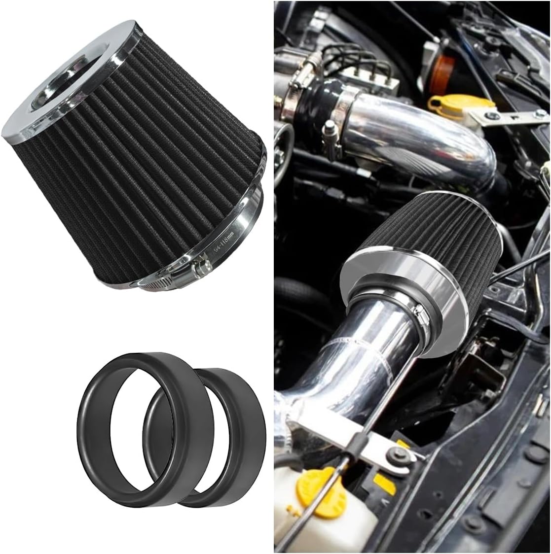 Universal Clamp-On Air Intake Filter, High Flow Closed-Top Cool Air Filter Cleaner, 76 89 102MM Performance Round Tapered Cone Air Filters, Premium Washable Replacement Filter for Car Truck (Black)