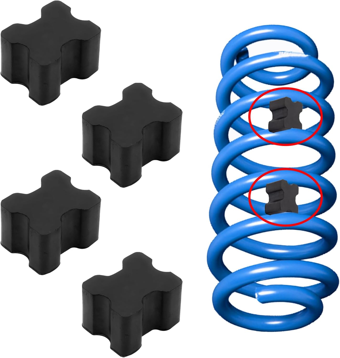 KUQUTIDY 4PCS Rubber Coil Spring Spacers, Heavy Duty Coil Over Suspension Lift Blocks Kit for Enhancing 1" to 1.5" Spacing Spring Rate, Universal Front & Rear Coil Spring Boosters for Rvs Trucks SUVs