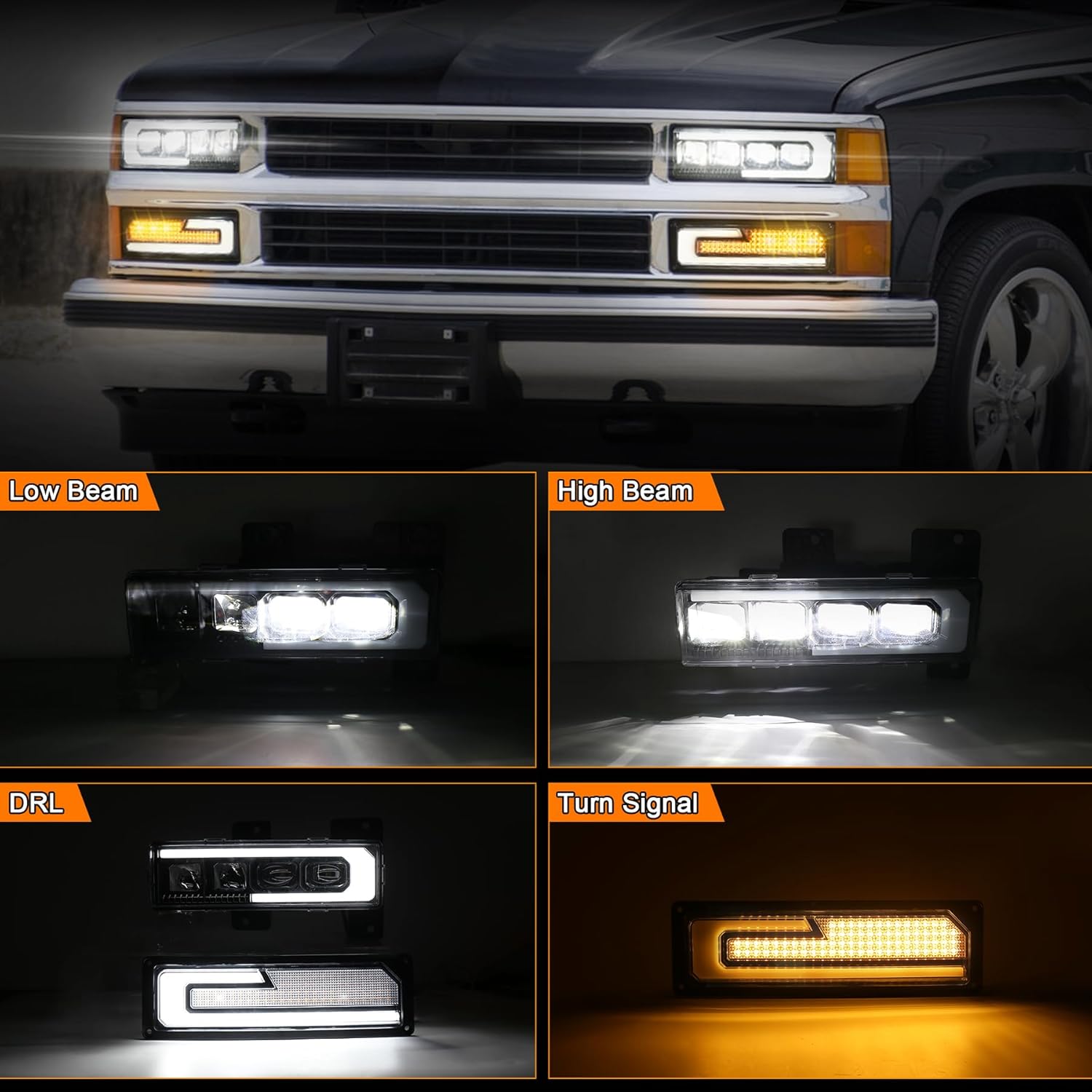 LED Helight Assembly 500% Bright Anti-glare Helights with Welcome DRL Turn Signal Compatible with 1988-1998 Chevy GMC C/K 1500 2500 3500 Suburban Silvero Tahoe Yukon - Image 2