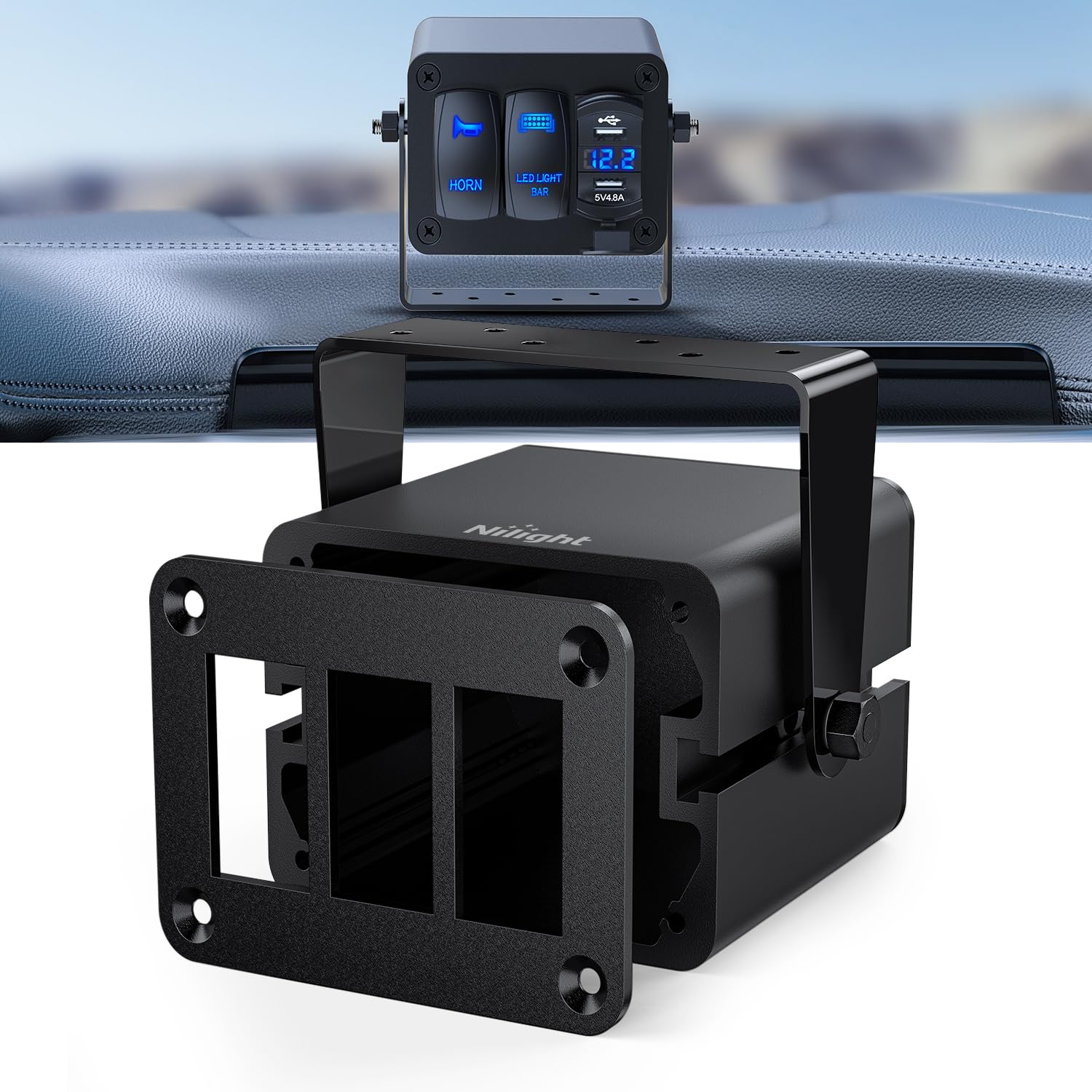 Nilight 3 Gang Rocker Switch Box 3 Holes Panel Detachable Installation Housing Waterproof Aluminum Rotatable Mount Bracket 12V 24V DIY Toggle Switches Voltmeter USB Socket for Boats Cars RVs Trucks