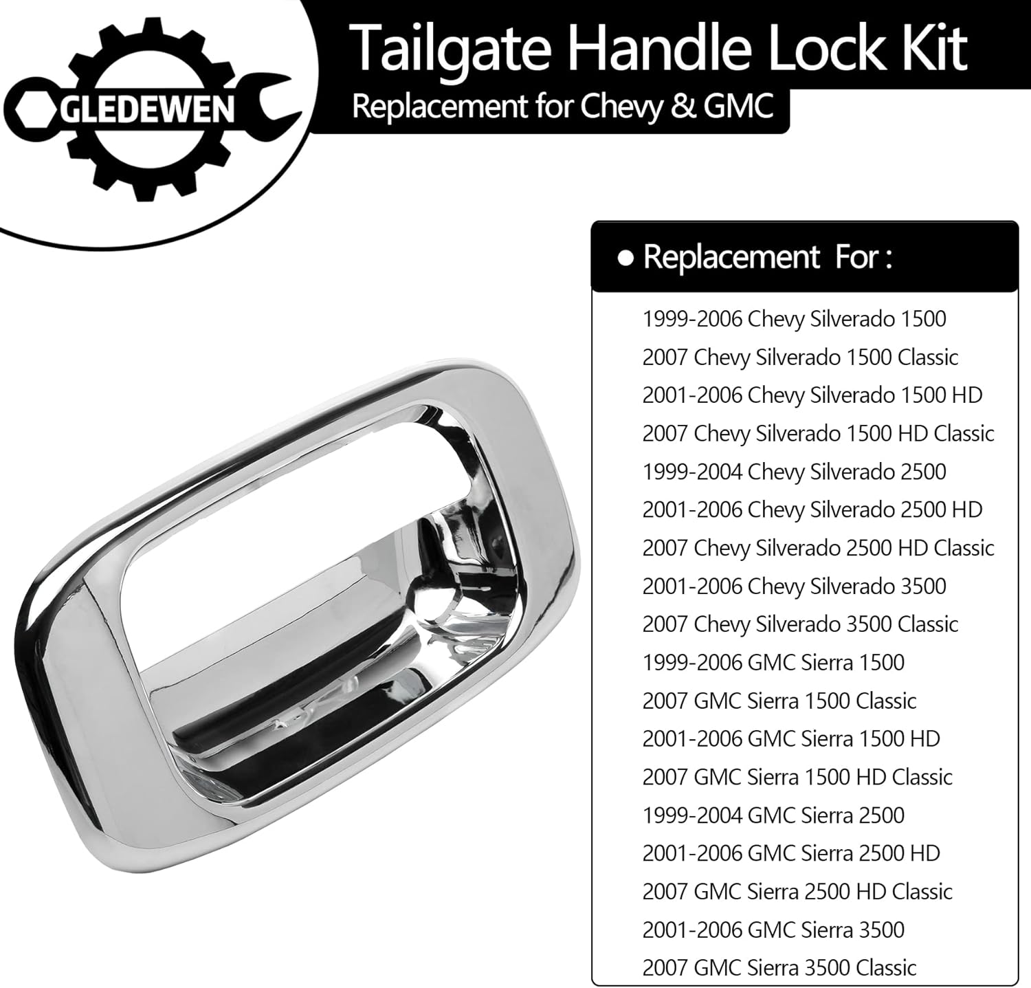 Tailgate Door Handle & Bezel Lock Set, Compatible with 1999-2007 Chevy Silvero GMC Sierra 1500 2500 3500, Chrome Exterior Rear with Rod Clips | Replaces# 15997911, 15228539, 15228541, 15228540 - Image 2