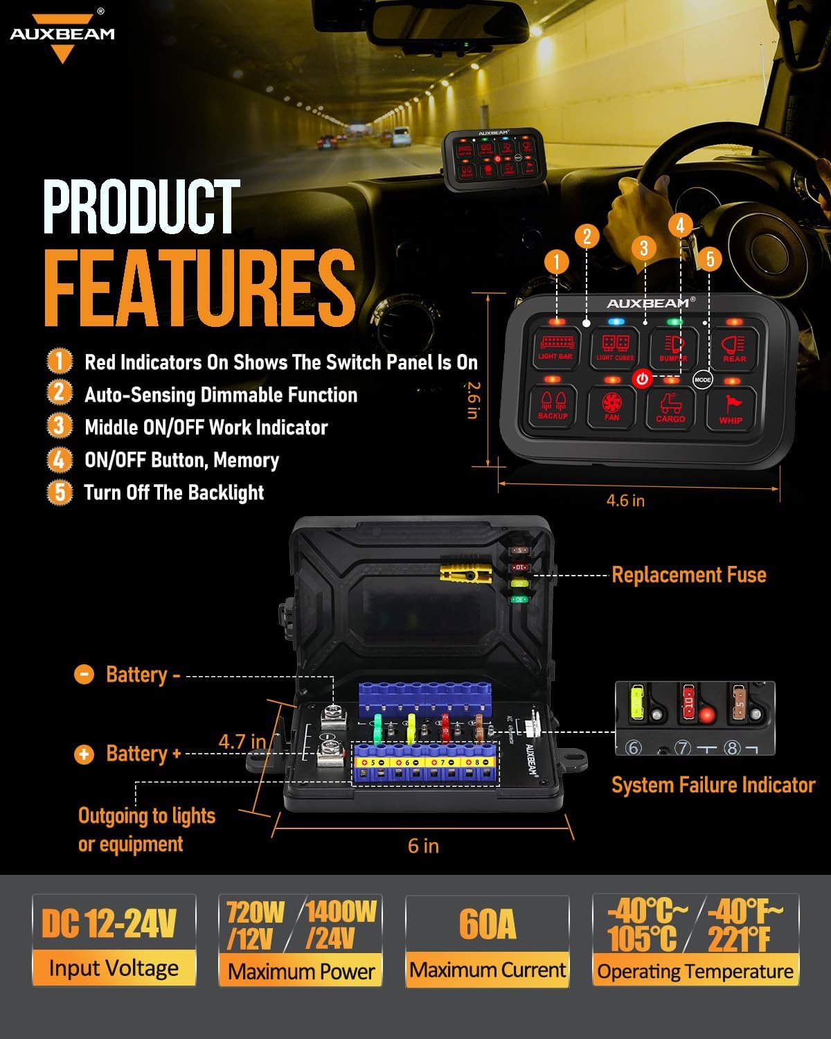 Auxbeam 8 Gang Switch Panel RB80 Toggle Momentary Pulsed RGB Dimmable Switch Panel Multifunction Panel Two Sided Output Marine Switch Panel IP65 Waterproof for Car Boat RV, 3 Years Warranty - Image 2