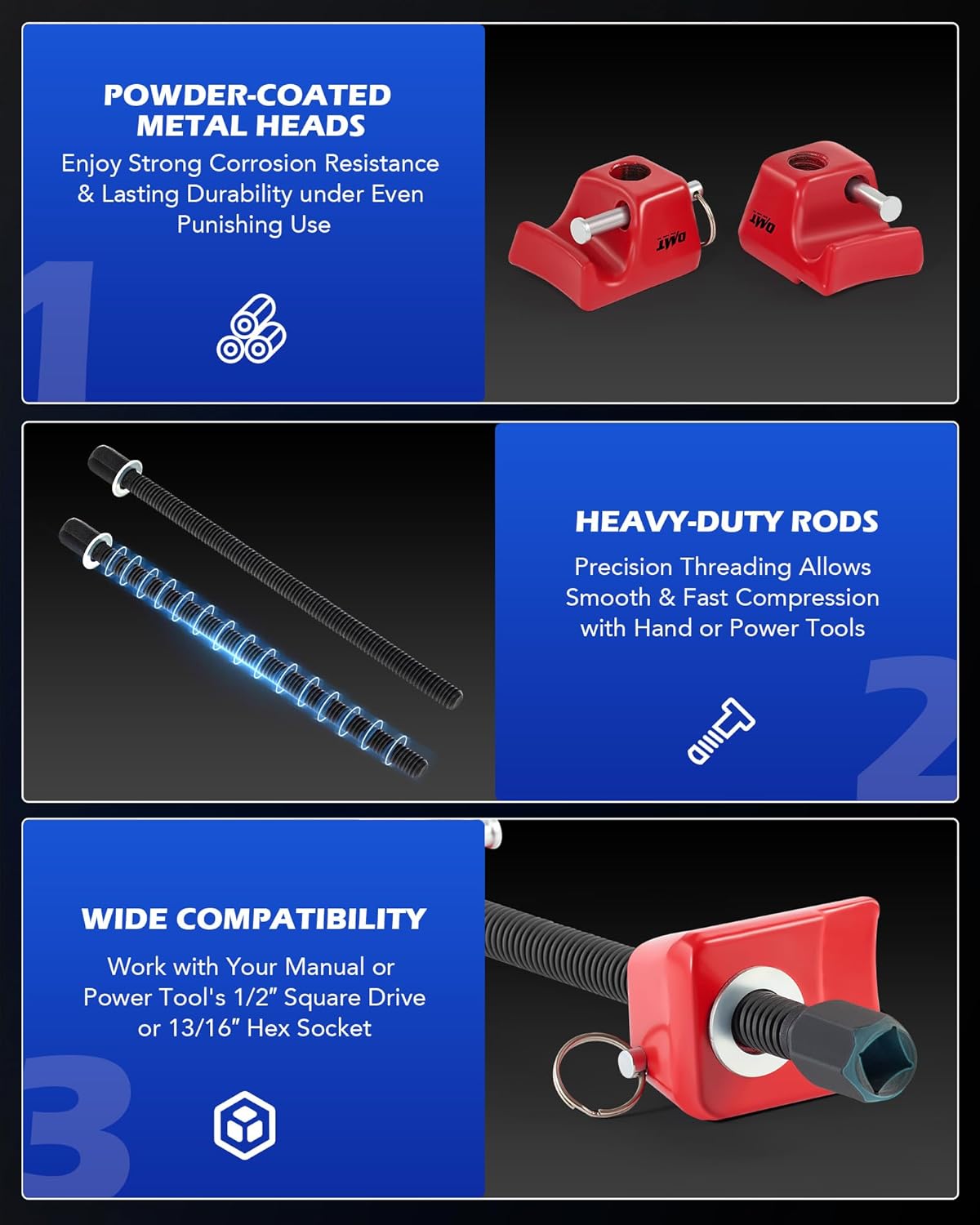 Orion Motor Tech 2pc Macpherson Strut Spring Compressor Tool Set with 10.5" Range, Heavy Duty Coil Spring Compressor Tools with 1/2" Square Drive, 13/16" Hex Strut Compressors for Car Truck, Red - Image 4