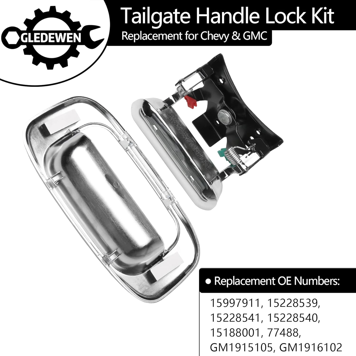 Tailgate Door Handle & Bezel Lock Set, Compatible with 1999-2007 Chevy Silvero GMC Sierra 1500 2500 3500, Chrome Exterior Rear with Rod Clips | Replaces# 15997911, 15228539, 15228541, 15228540 - Image 3