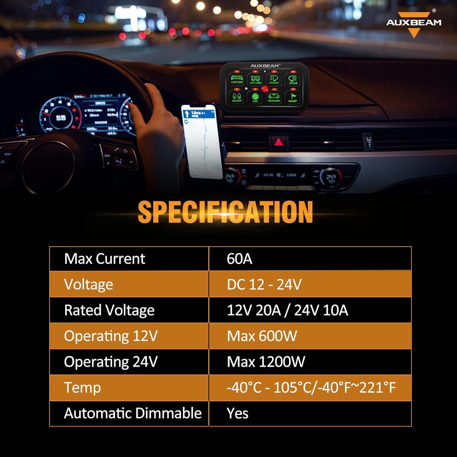 Auxbeam 8 Gang Switch Panel GB80 Universal Circuit Control System Relay Box Automatic Dimmable Panel Switch Box LED On-Off Switch Pod Universal for Car Truck Offro ATV SUV - Green, 2 Years Warranty - Image 4