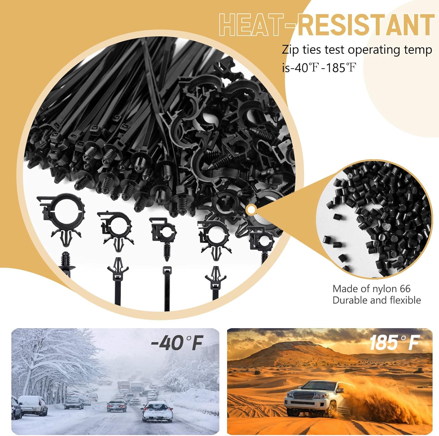 180pcs Nylon Universal Cable Tie Buckle, Push Mount Cable Zip Tie with Car Wire Loom Routing Clips, Universal Compatible with GM Ford Trucks Cars Sedan UTV Engine Bay Self Locking Straps - Image 3