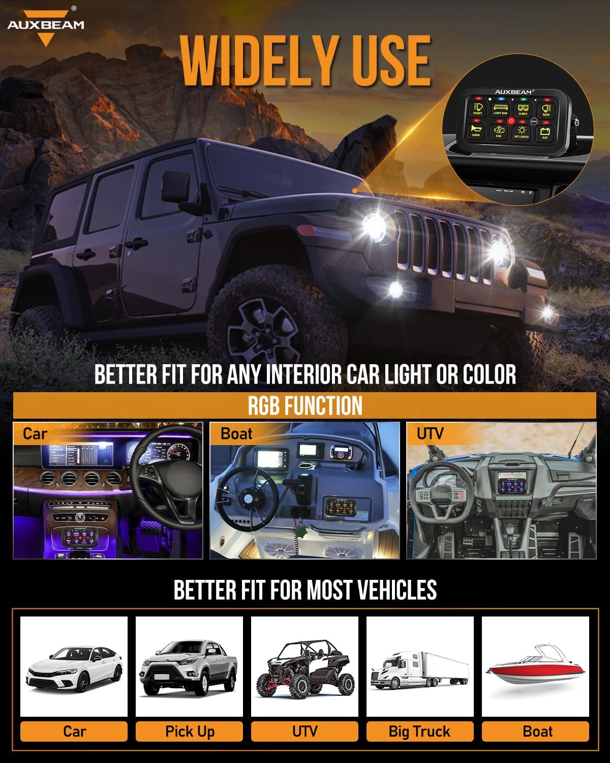 Auxbeam 8 Gang Switch Panel RB80 Toggle Momentary Pulsed RGB Dimmable Switch Panel Multifunction Panel Two Sided Output Marine Switch Panel IP65 Waterproof for Car Boat RV, 3 Years Warranty - Image 6