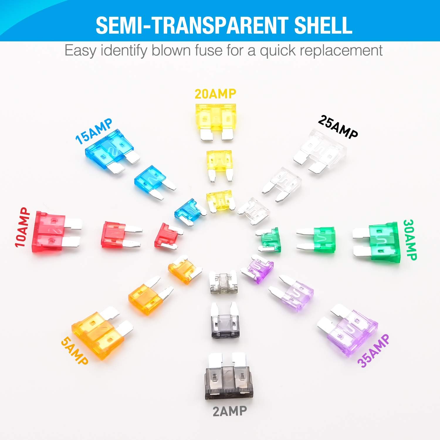 Nilight - 50019R 272pcs Standard & Mini & Low Profile Mini Ble Fuse Assortment, 2A 5A 10A 15A 20A 25A 30A 35A Replacement Fuses for Car Boat Truck SUV Automotive - Image 4