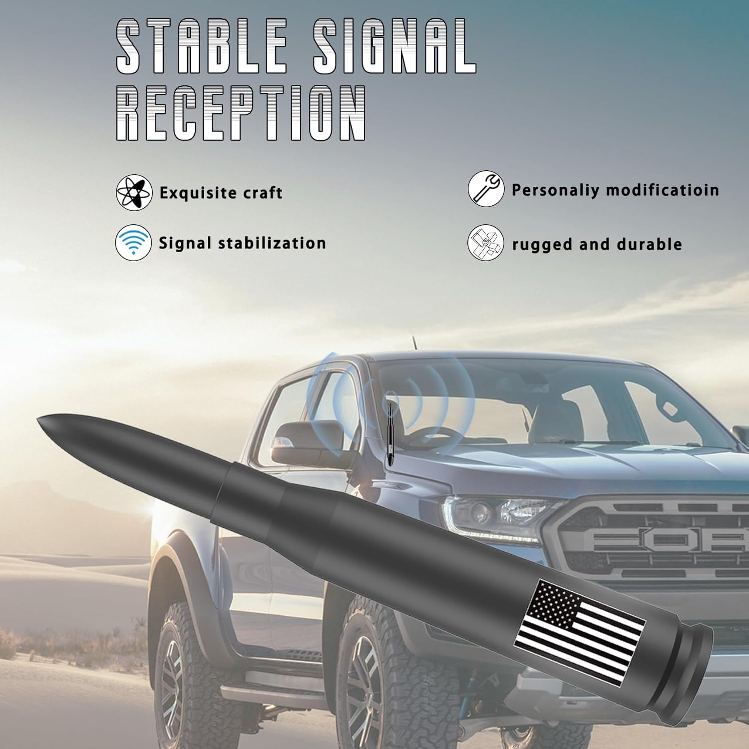 American Flag Car Truck Antenna with Valve Stem Caps, Universal Mast for GM Chevy Silvero 1500 2500 3500 HD Avalanche Ford F150 F250 F350 Denali Heavy Duty Pickup Trucks Accessories (Black) - Image 4