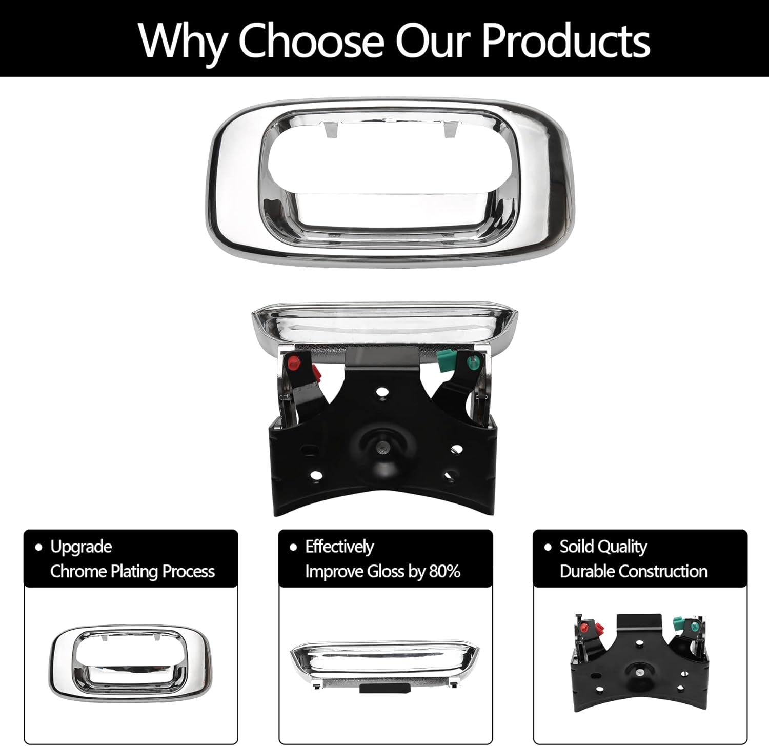 Tailgate Door Handle & Bezel Lock Set, Compatible with 1999-2007 Chevy Silvero GMC Sierra 1500 2500 3500, Chrome Exterior Rear with Rod Clips | Replaces# 15997911, 15228539, 15228541, 15228540 - Image 4