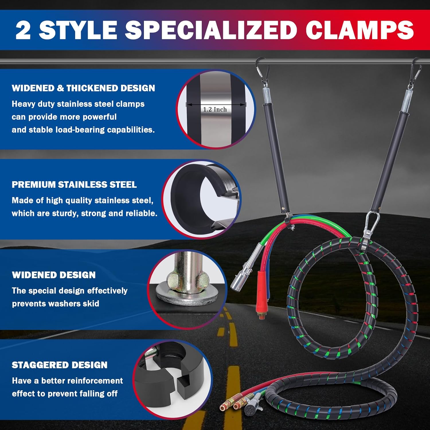 CheeMuii 12 FT Semi Truck Air Lines Kit with 2 PCS 16" Single Tender Spring Kit Glhands with Glhand Holder and Handles 3IN1 Red & Blue Air Hoses ABS Electric Power Line Kit for Truck Trailer - Image 6