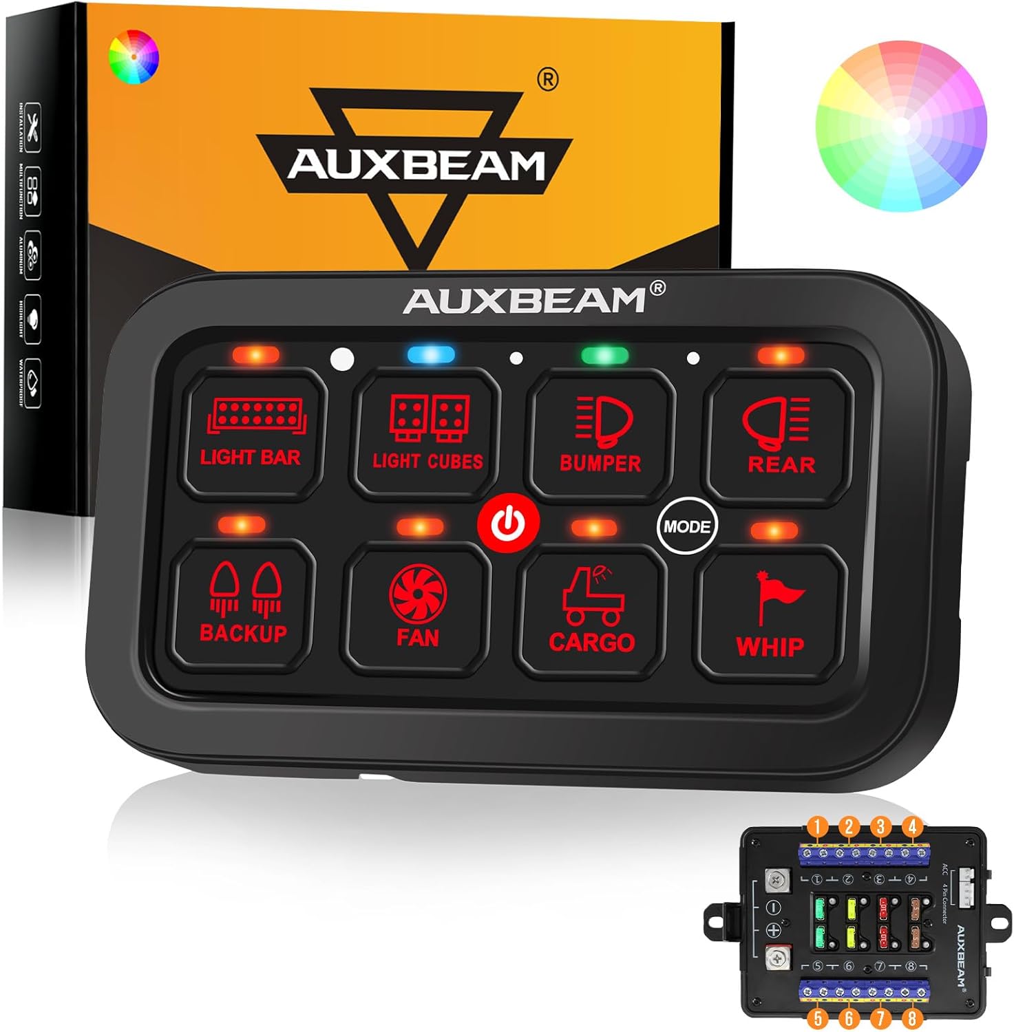 Auxbeam 8 Gang Switch Panel RB80 Toggle Momentary Pulsed RGB Dimmable Switch Panel Multifunction Panel Two Sided Output Marine Switch Panel IP65 Waterproof for Car Boat RV, 3 Years Warranty