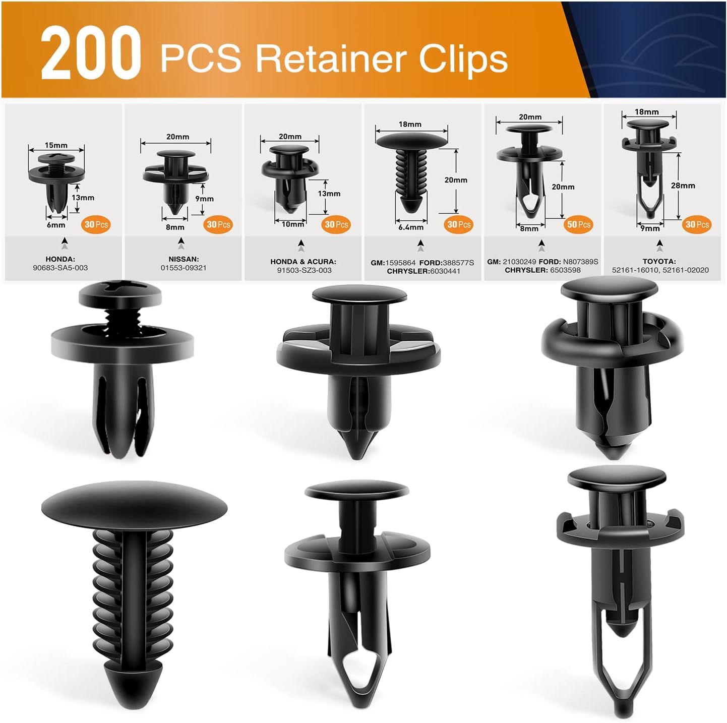 GOOACC Universal Plastic Fender Clips,200 Pcs Push Bumper Fastener Rivet Clips with 6 Size Auto Body Retainer Clips Bumpers,Car Fender Replacement for GM, Ford & Ch