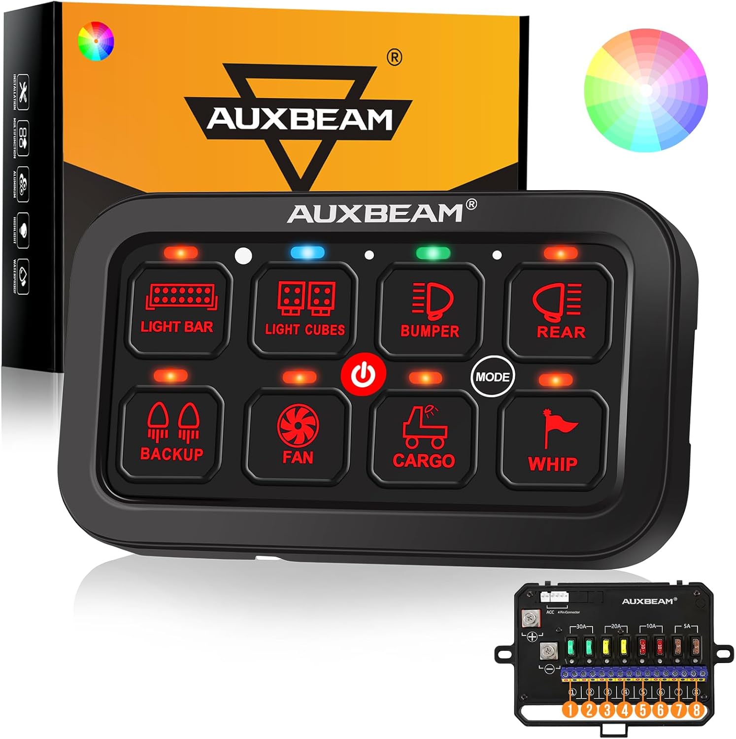 Auxbeam 8 Gang Switch Panel RA80 Toggle Momentary Pulsed RGB Dimmable Multifunction Switch Panel Easy Installation Marine Switch Pod IP65 Waterproof for Car Boat RV, 3 Years Warranty