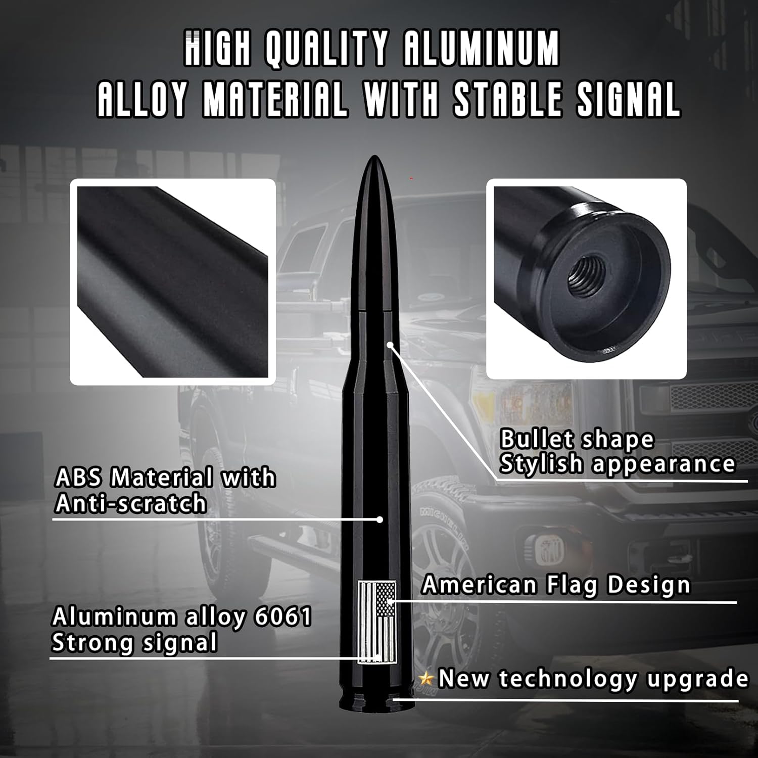 American Flag Car Truck Antenna with Valve Stem Caps, Universal Mast for GM Chevy Silvero 1500 2500 3500 HD Avalanche Ford F150 F250 F350 Denali Heavy Duty Pickup Trucks Accessories (Black) - Image 2