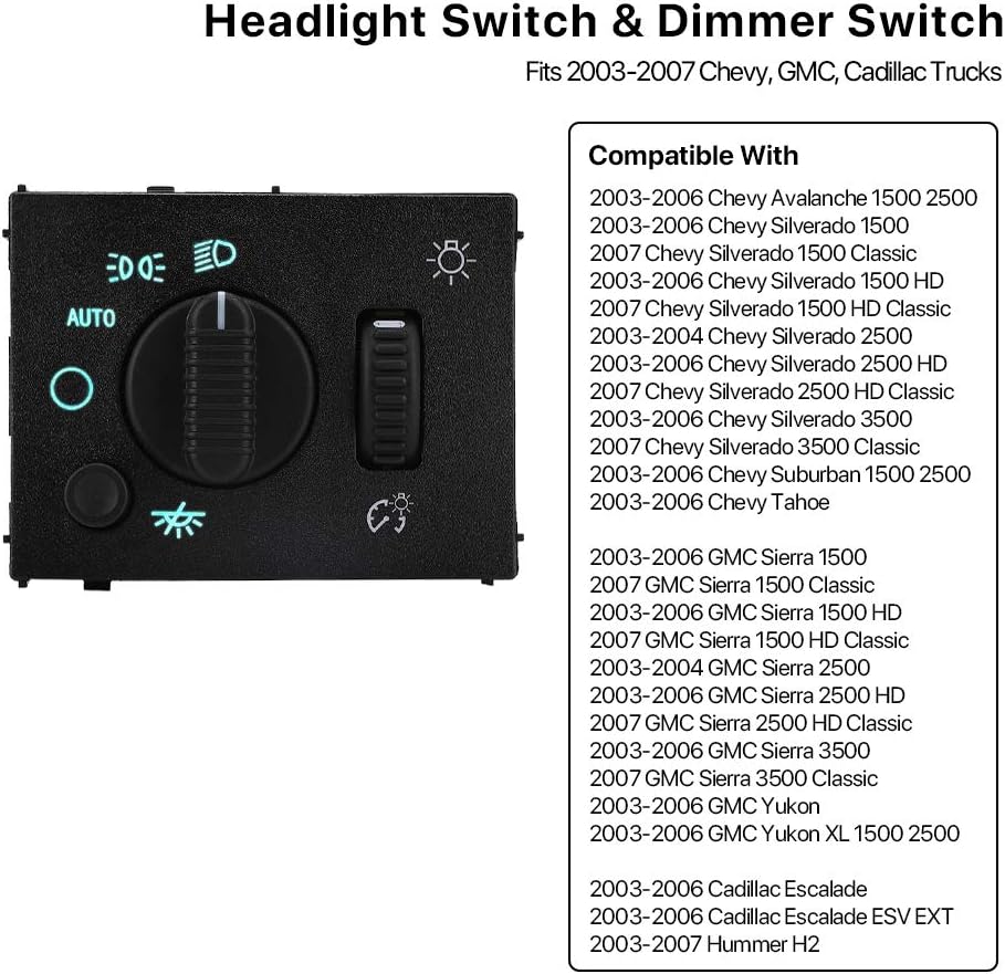 Helight Switch Helamp Dimmer Switch - Compatible with 2003-2006 Chevy Silvero, Suburban, Tahoe, GMC Sierra, Yukon, Cillac Escale - Replace D1595G, 19381535, 15194803, 1S8489 - Image 2