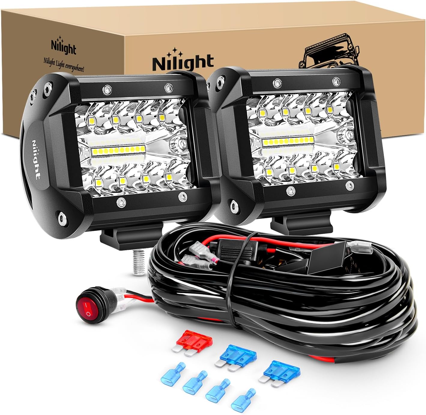 Nilight LED Light Bar 2PCS 60W 4 Inch Flood Spot Combo LED Work Light Pods Triple Row Work Driving Lamp with 12 ft Wiring Harness kit - 2 Les