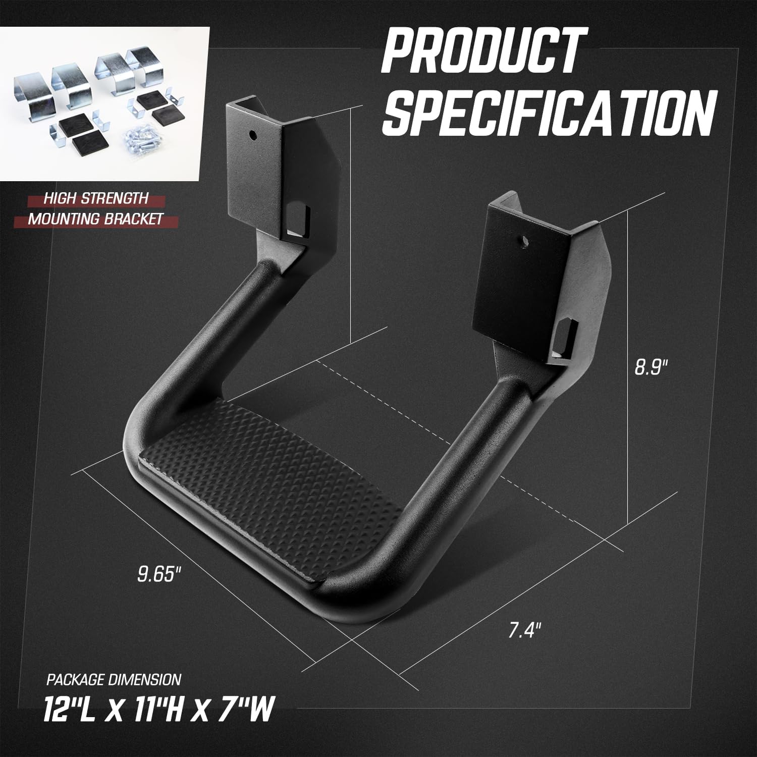 DNA MOTORING 2 Pcs of Aluminum Side Hoop Steps, Universal Step Rails for Pickup & SUV & Truck, Non-Slip Stirrup Side Steps Assembly Compatible With Chevy GMC Toyota Ford, Black, SSTEP-BK - Image 3