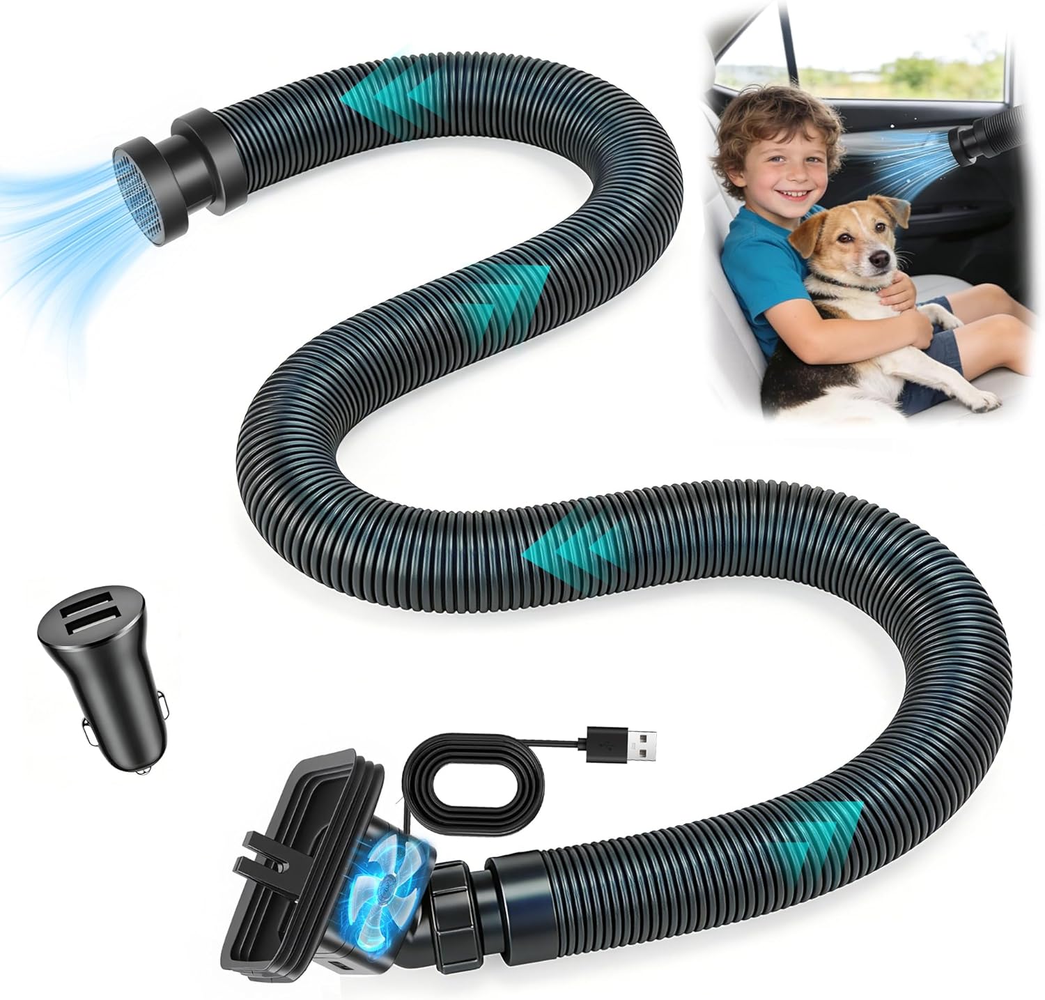 Car AC Vent Extender with Build-in Fan, Extendable Back Seat Air Conditioning, Directs Cool or Warm Air to kids, Elderly & Pets, Portable AC Hose, Universal for Vehicles