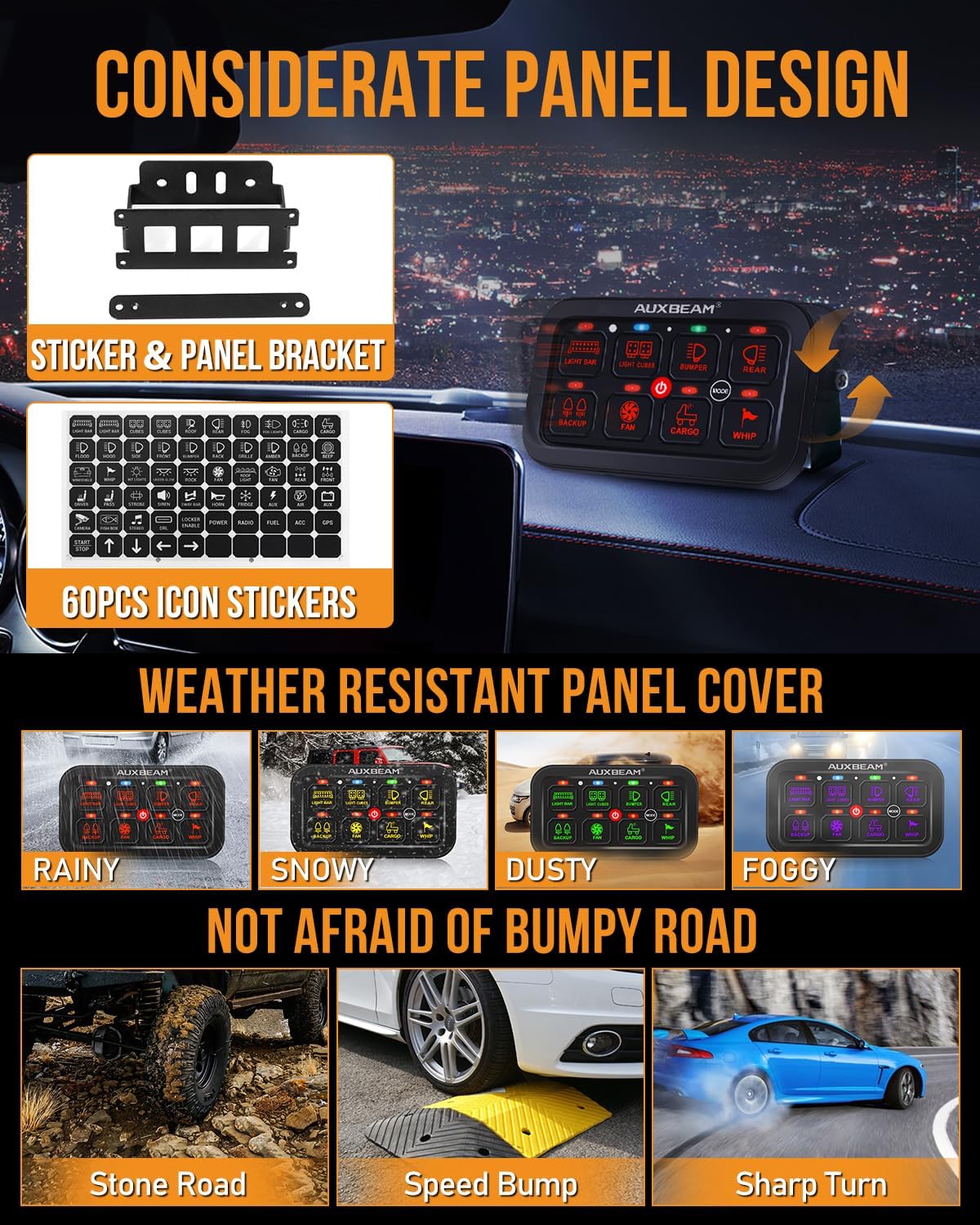 Auxbeam 8 Gang Switch Panel RA80 Toggle Momentary Pulsed RGB Dimmable Multifunction Switch Panel Easy Installation Marine Switch Pod IP65 Waterproof for Car Boat RV, 3 Years Warranty - Image 5