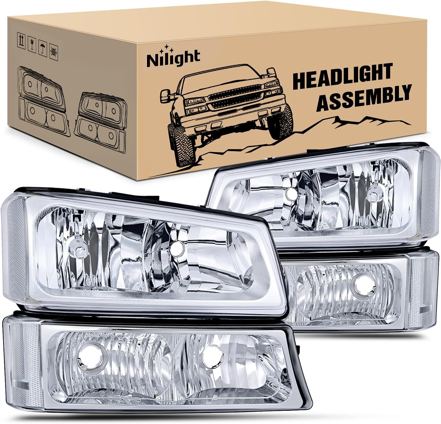 Nilight Helight Assembly for 2003 2004 2005 2006 Chevy Silvero Avalanche 1500 1500HD 2500 2500HD 3500 Chevrolet Pickup Replacement Helamp Housing Bumper Lamp Set