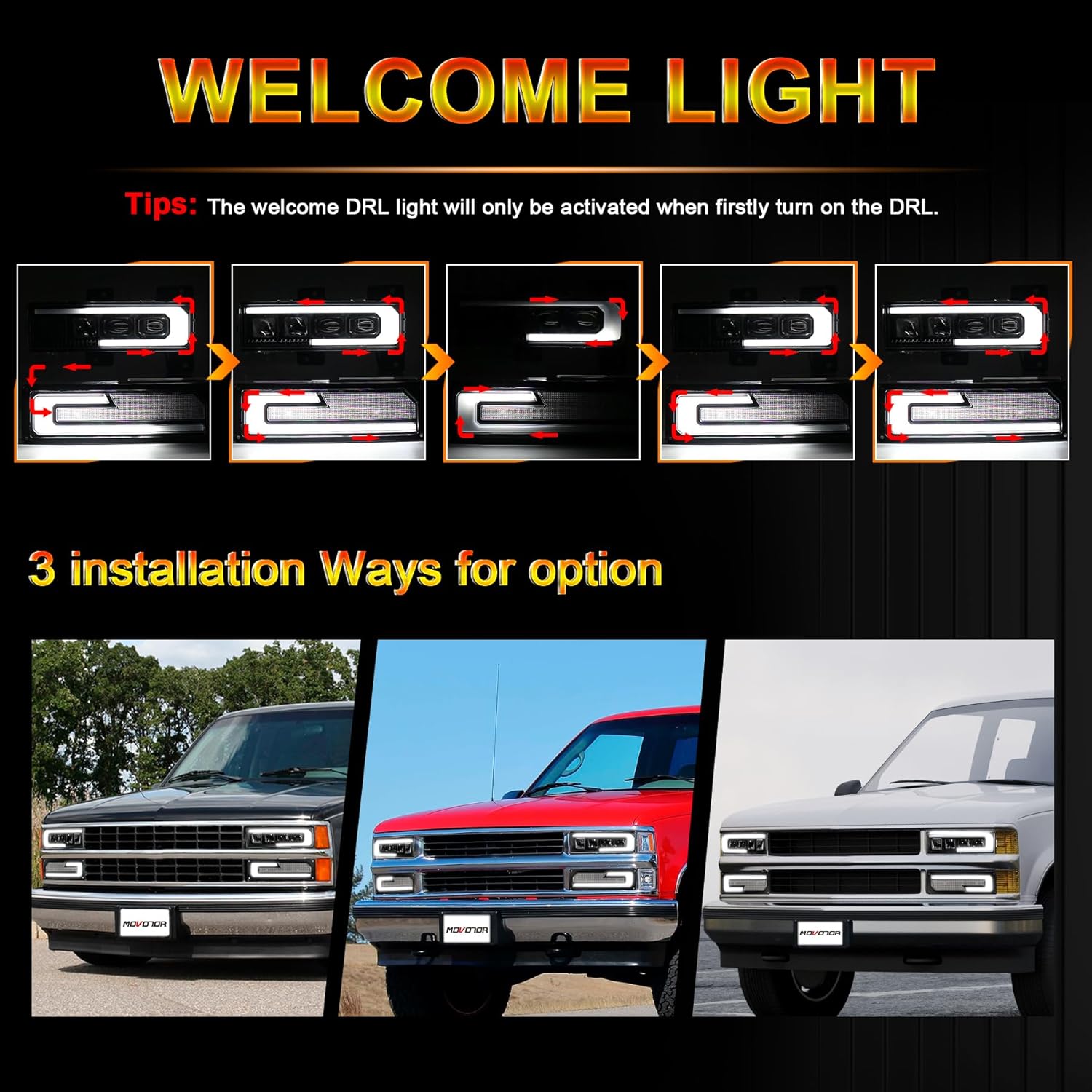 LED Helight Assembly 500% Bright Anti-glare Helights with Welcome DRL Turn Signal Compatible with 1988-1998 Chevy GMC C/K 1500 2500 3500 Suburban Silvero Tahoe Yukon - Image 3