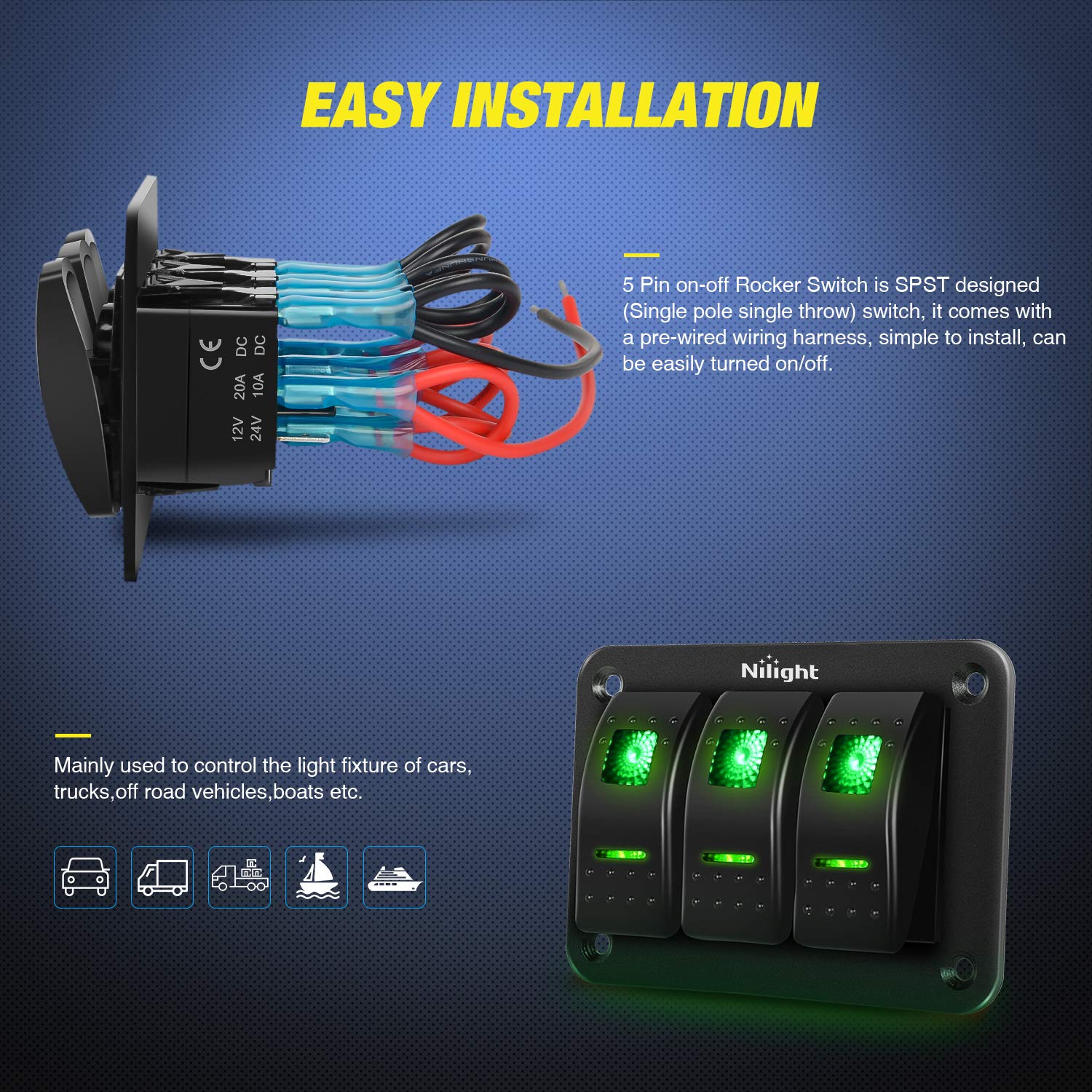 Nilight 3 Gang Aluminum Rocker Switch Panel Toggle Dash 5 Pin ON/Off Pre-Wired GreenBacklit for Automotive Cars Marine Boats RVs, Green (90127C) - Image 3