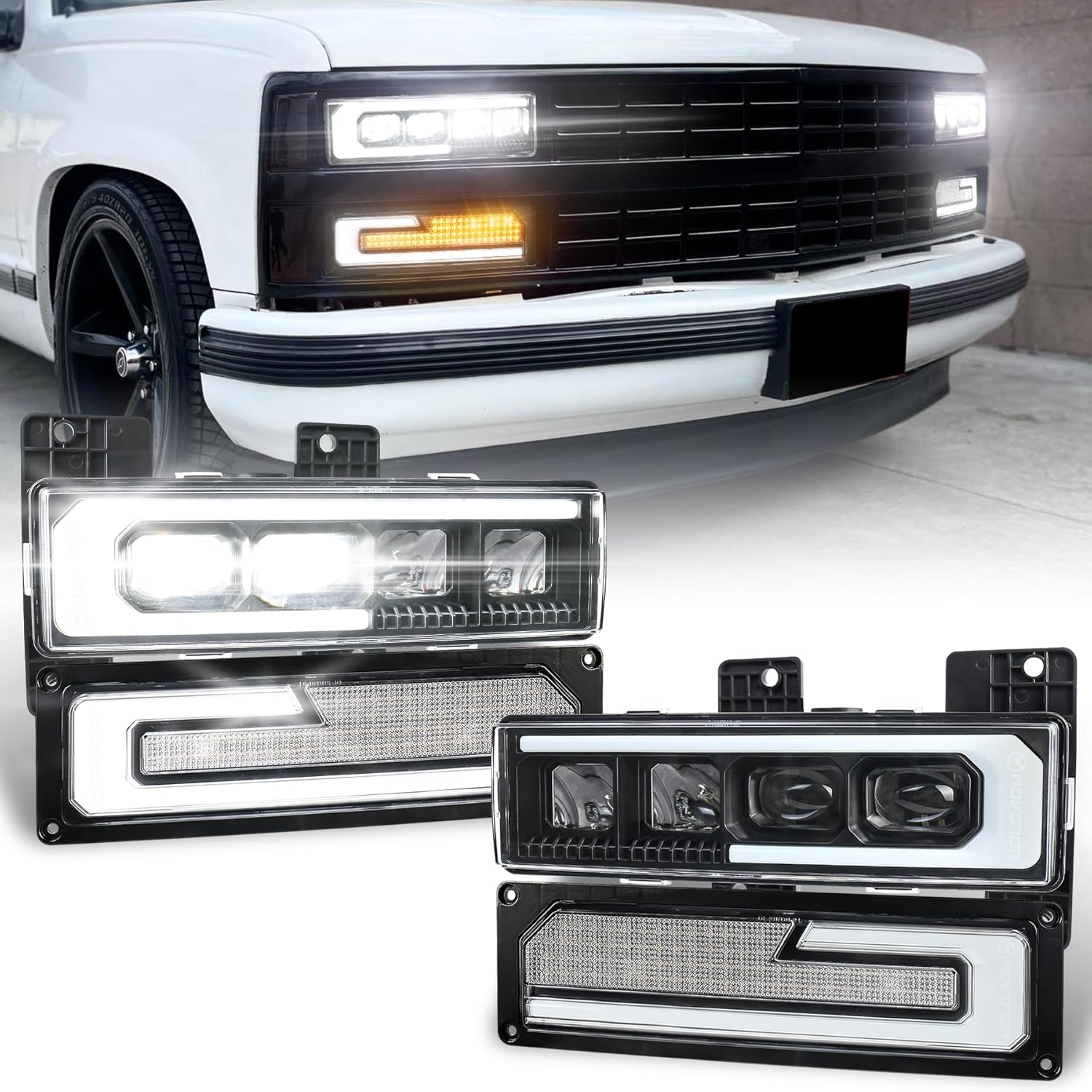 LED Helight Assembly 500% Bright Anti-glare Helights with Welcome DRL Turn Signal Compatible with 1988-1998 Chevy GMC C/K 1500 2500 3500 Suburban Silvero Tahoe Yukon