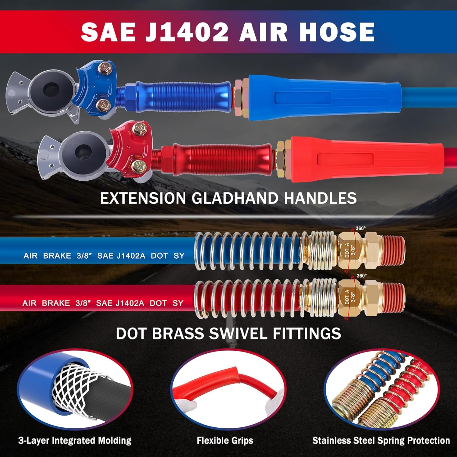 CheeMuii 12 FT Semi Truck Air Lines Kit with 2 PCS 16" Single Tender Spring Kit Glhands with Glhand Holder and Handles 3IN1 Red & Blue Air Hoses ABS Electric Power Line Kit for Truck Trailer - Image 3