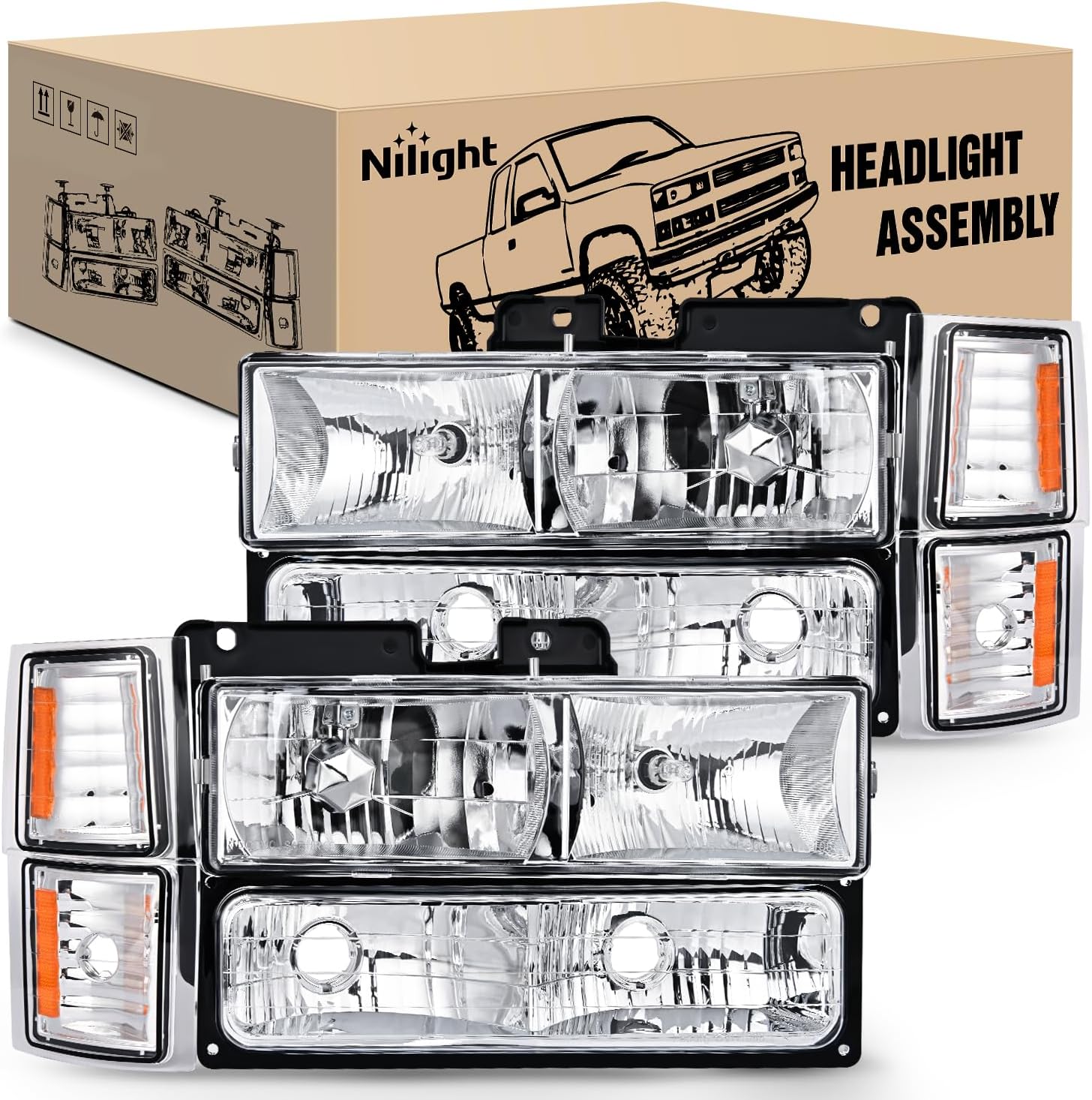 Nilight Helight Assembly Compatible with 1994 1995 1996 1997 1998 Chevy Silvero Tahoe Suburban C10 C/K 1500 2500 3500 Replacement Helamp Chrome Housing Amber Reflector Bumper Corner Lamp