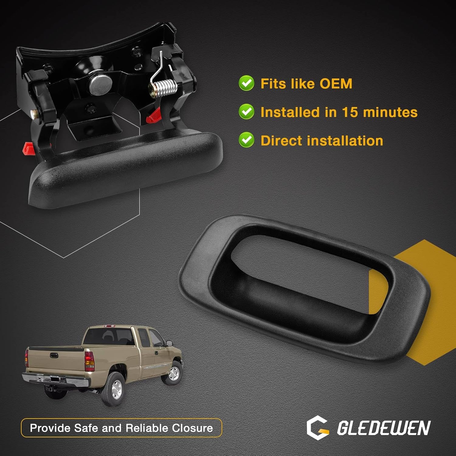 Gledewen Tailgate Handle Latch and Bezel Trim with Rod Clips | for 1999-2007 Chevy Silvero GMC Sierra 1500 2500 3500 | Replaces# 15997911, 15228539, 15228541, 15228540 - Image 2