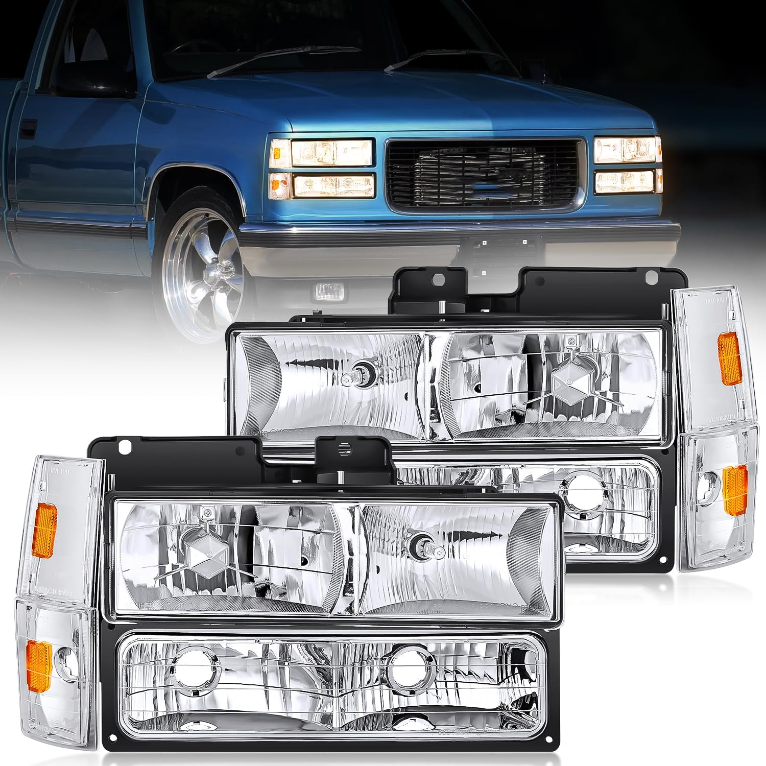 Nilight Helight Assembly Compatible with 1988 1989 1990 1991 1992 1993 Chevrolet GMC C/K 1988-1993 Silvero Suburban Sierra Blazer Tahoe Yukon Chrome Housing Amber Reflector