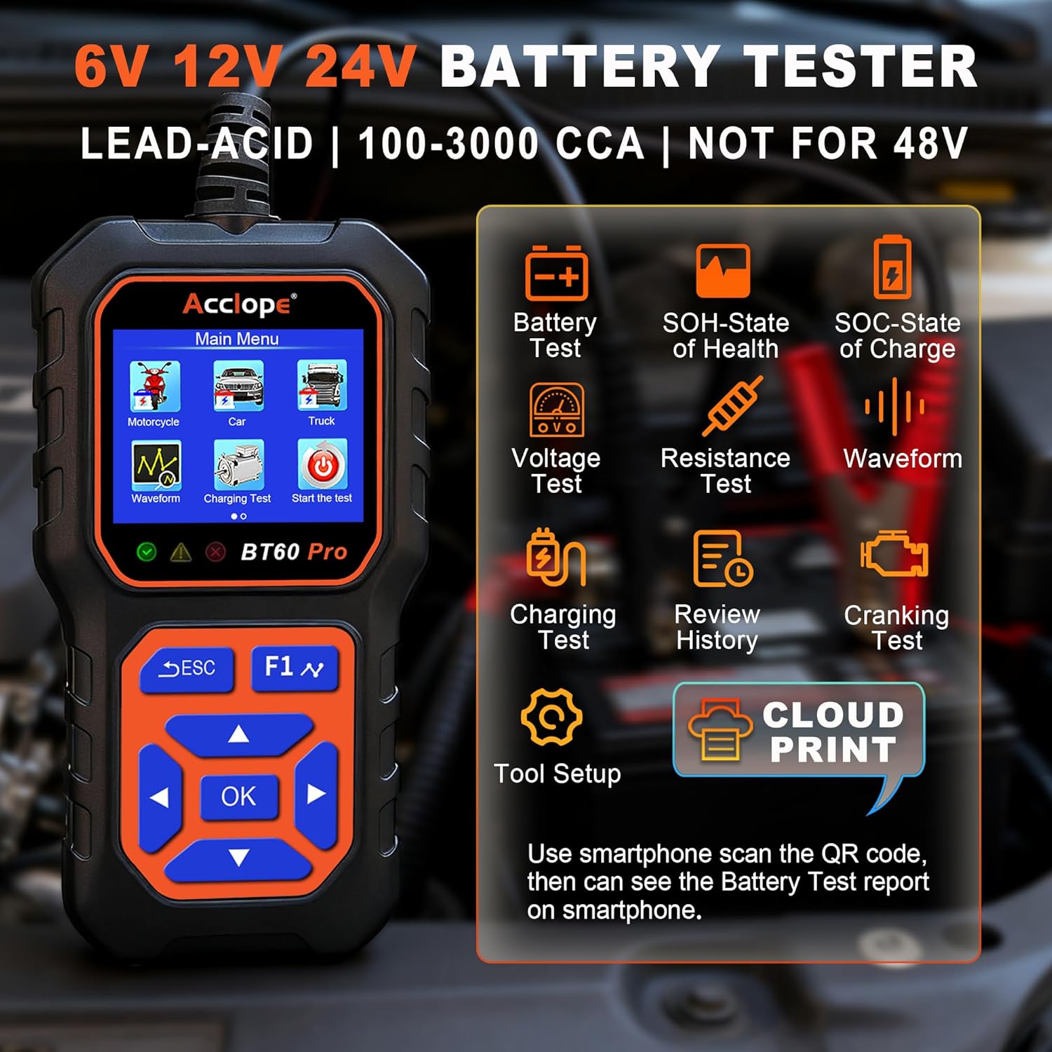 BT60 PRO Car Battery Tester 6V/12V/24V, 2–120Ah, 100–3000 CCA, Alternator & Starter/Charging System Analyzer, Automotive Lo Test, QR Cloud Report (No App), for Car Truck Motorcycle Marine/RV - Image 5