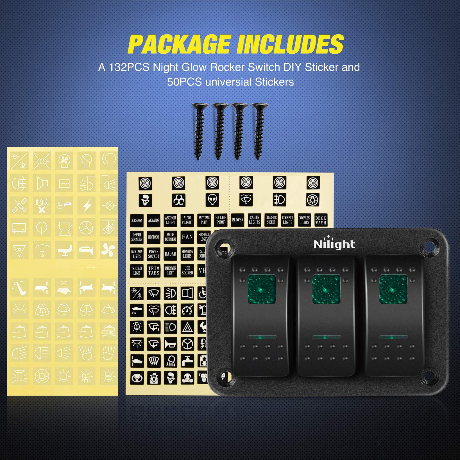 Nilight 3 Gang Aluminum Rocker Switch Panel Toggle Dash 5 Pin ON/Off Pre-Wired GreenBacklit for Automotive Cars Marine Boats RVs, Green (90127C) - Image 6