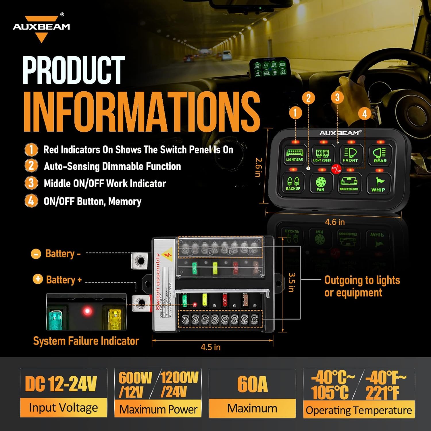 Auxbeam 8 Gang Switch Panel GB80 Universal Circuit Control System Relay Box Automatic Dimmable Panel Switch Box LED On-Off Switch Pod Universal for Car Truck Offro ATV SUV - Green, 2 Years Warranty - Image 2