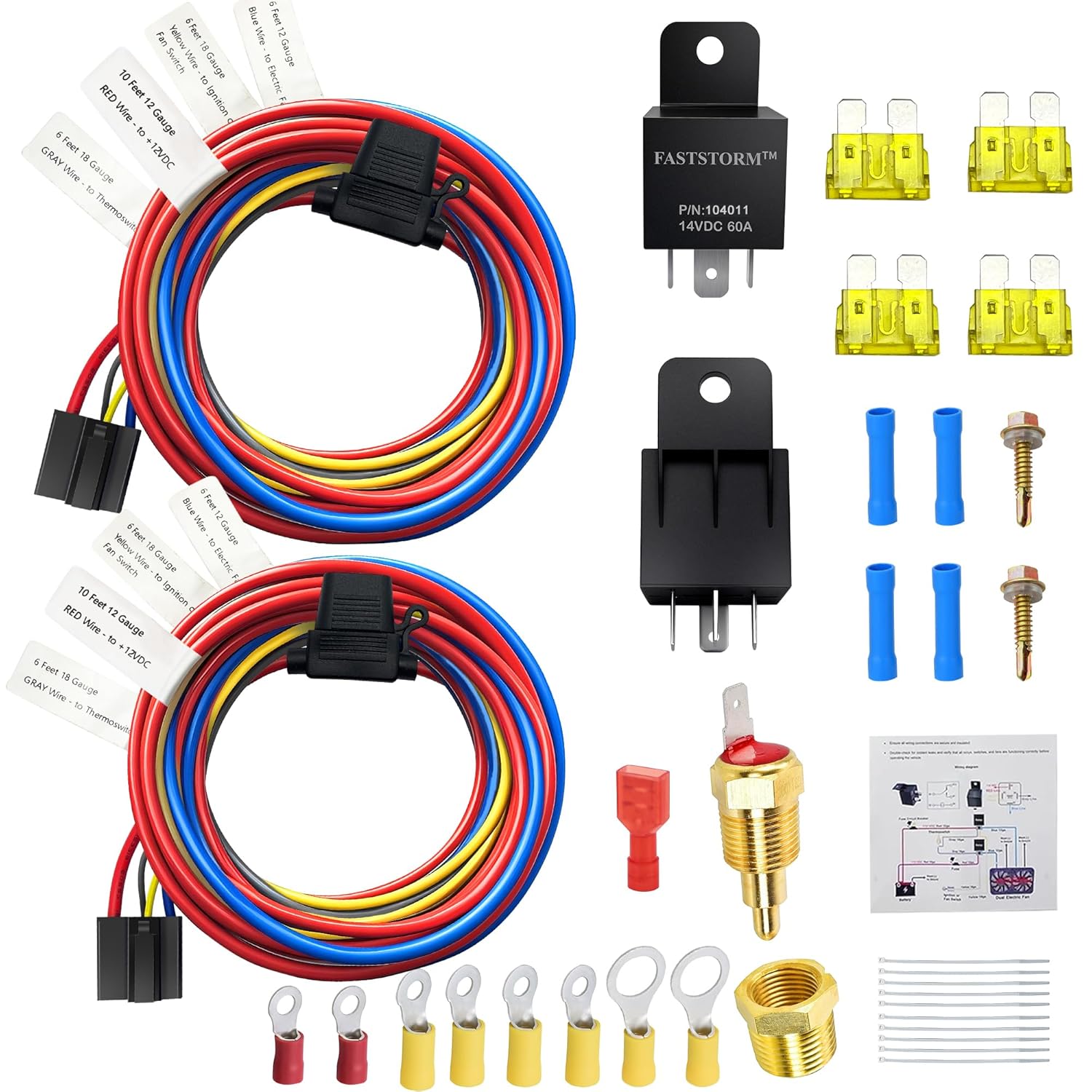 Dual Electric Fan Relay Kit Electric Riator Fan Kit Temperature Sensor Switch 185 On 175 Off Automotive Wiring Kit 60 Amp Cooling Fan Relay Switch Kit 4 Pin Waterproof Relay Kit