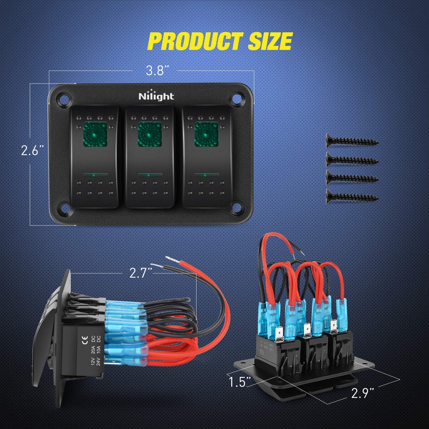 Nilight 3 Gang Aluminum Rocker Switch Panel Toggle Dash 5 Pin ON/Off Pre-Wired GreenBacklit for Automotive Cars Marine Boats RVs, Green (90127C) - Image 2