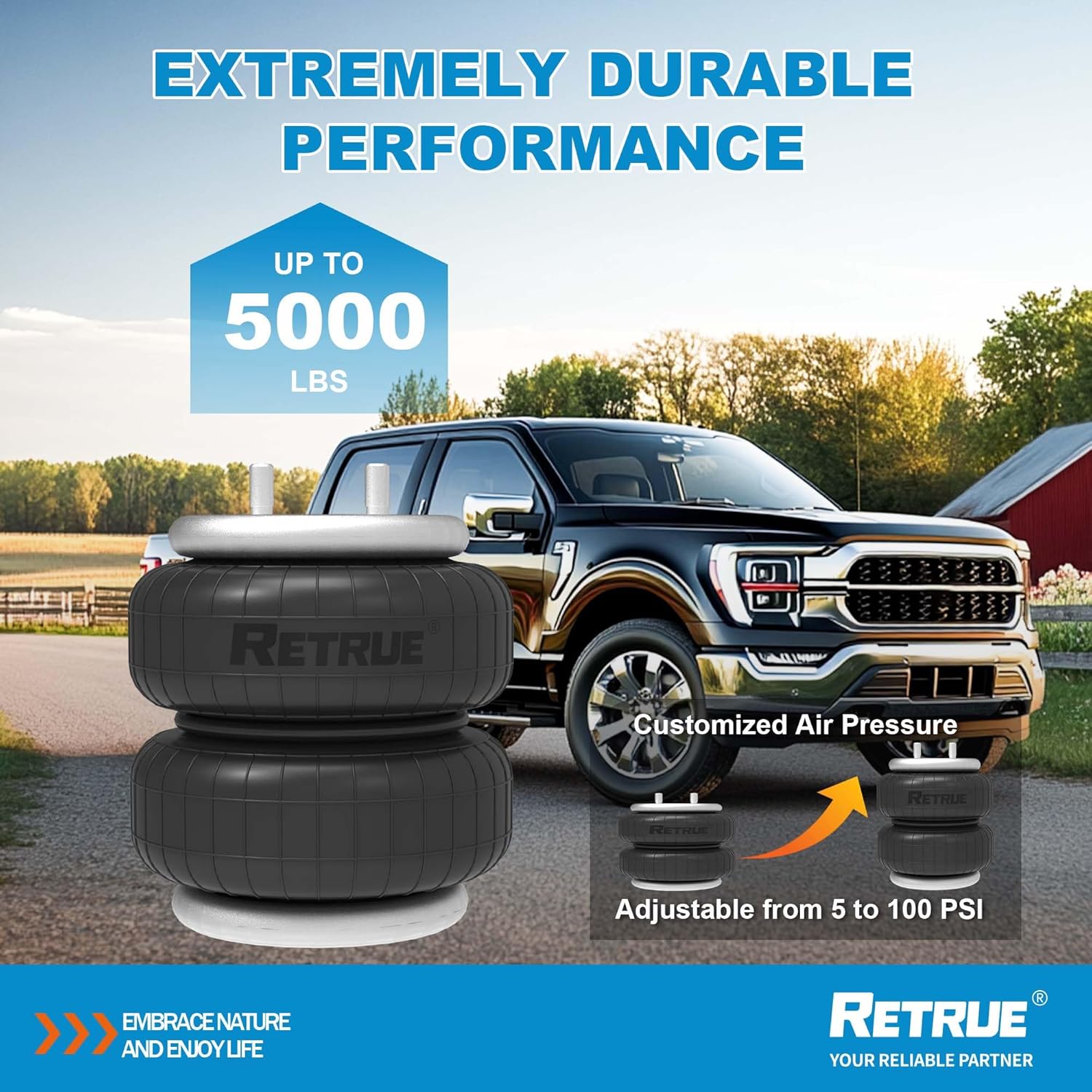 RETRUE Rear Air Bags Suspension Kit for 2015-2025 Ford F150 Truck Towing, 5000 Lbs of Lo Leveling Capacity, Replacement for Firestone 2582 Ride Rite Airbags for Trucks Rear Suspension - Image 5